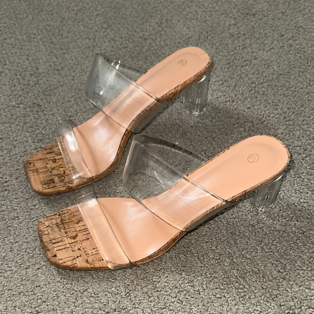 Transparent Strap Cork Heel Sandals